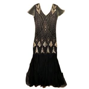 Black Deco Mermaid Gown XL Gold Sequin Flapper Flutter Sleeve NYE Evening Dress